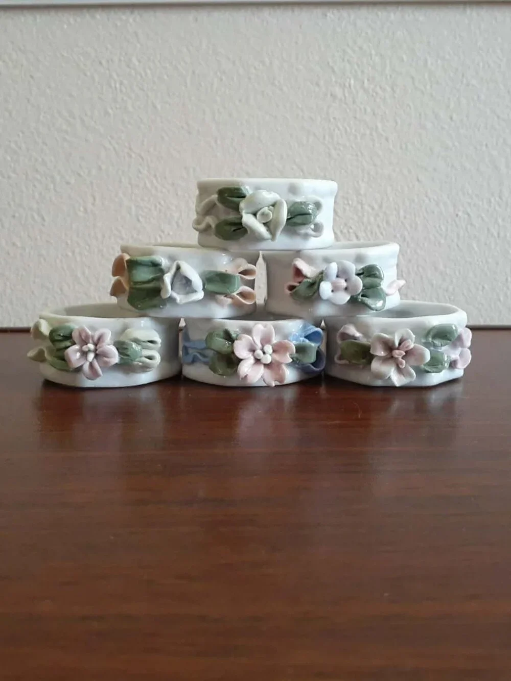 Vintage Porcelain Floral Cottage Core Napkin Rings Set of 6